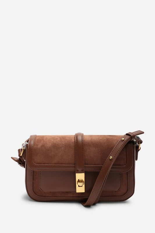Bolso de hombro premium de ante marrón oscuro y piel con solapa y cierre dorado – Maizob