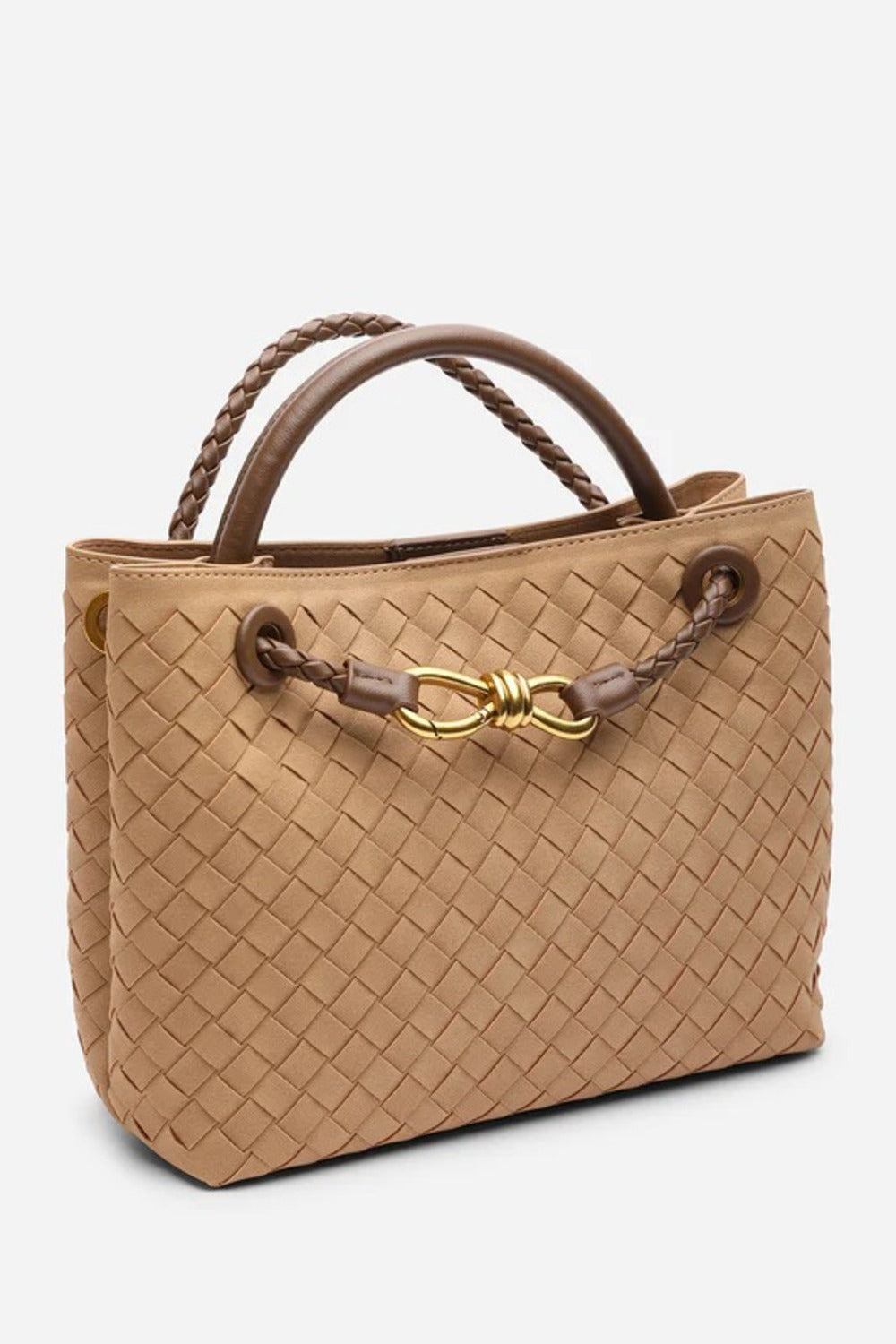 Bolso premium de asa superior con acabado tejido y detalle de nudo dorado en ante color coñac – Maizob