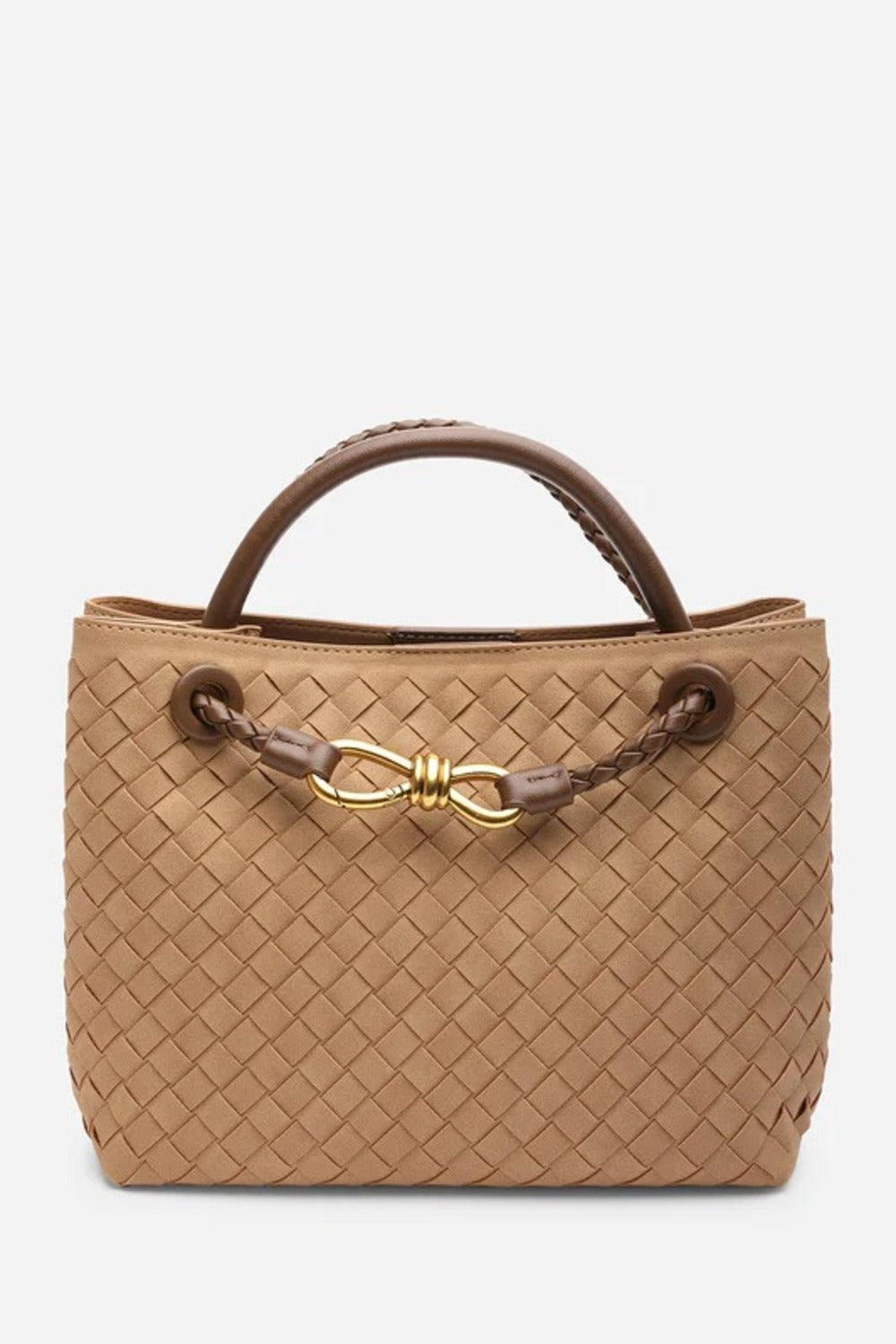 Bolso premium de asa superior con acabado tejido y detalle de nudo dorado en ante color coñac – Maizob
