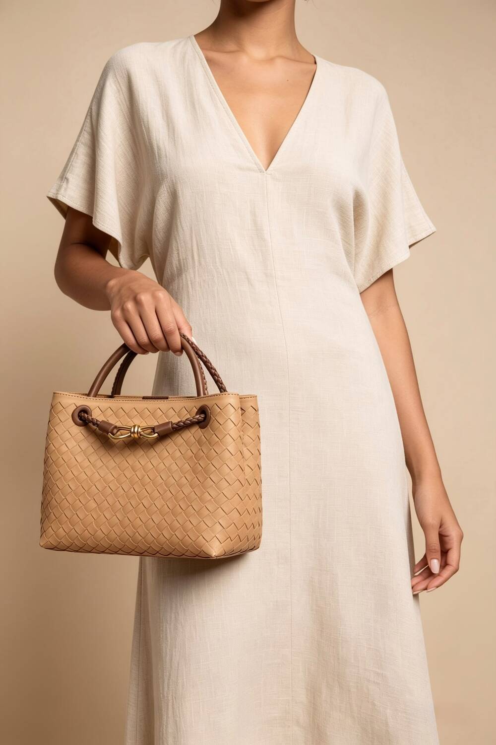 Bolso premium de asa superior con acabado tejido y detalle de nudo dorado en ante color coñac – Maizob