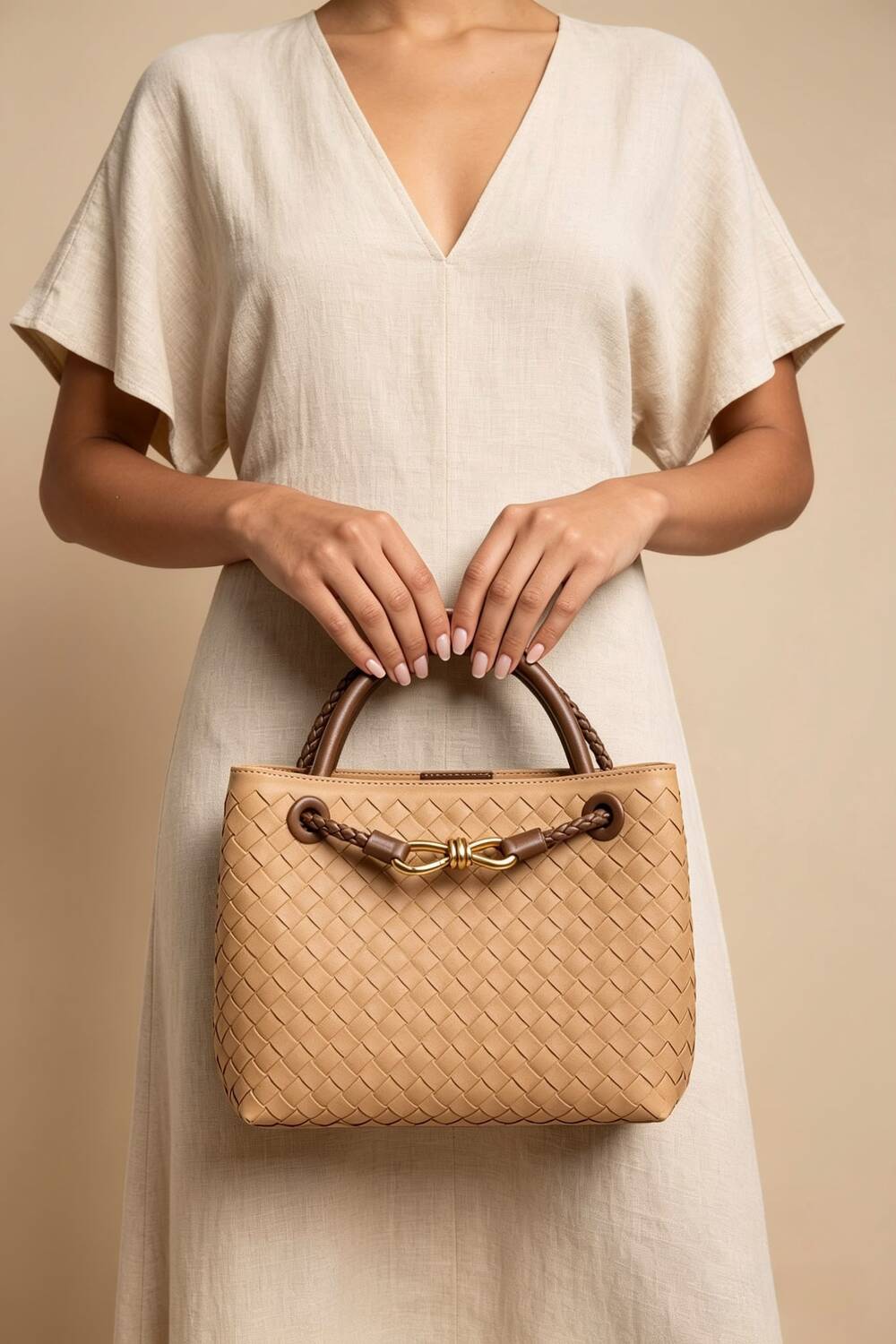 Bolso premium de asa superior con acabado tejido y detalle de nudo dorado en ante color coñac – Maizob