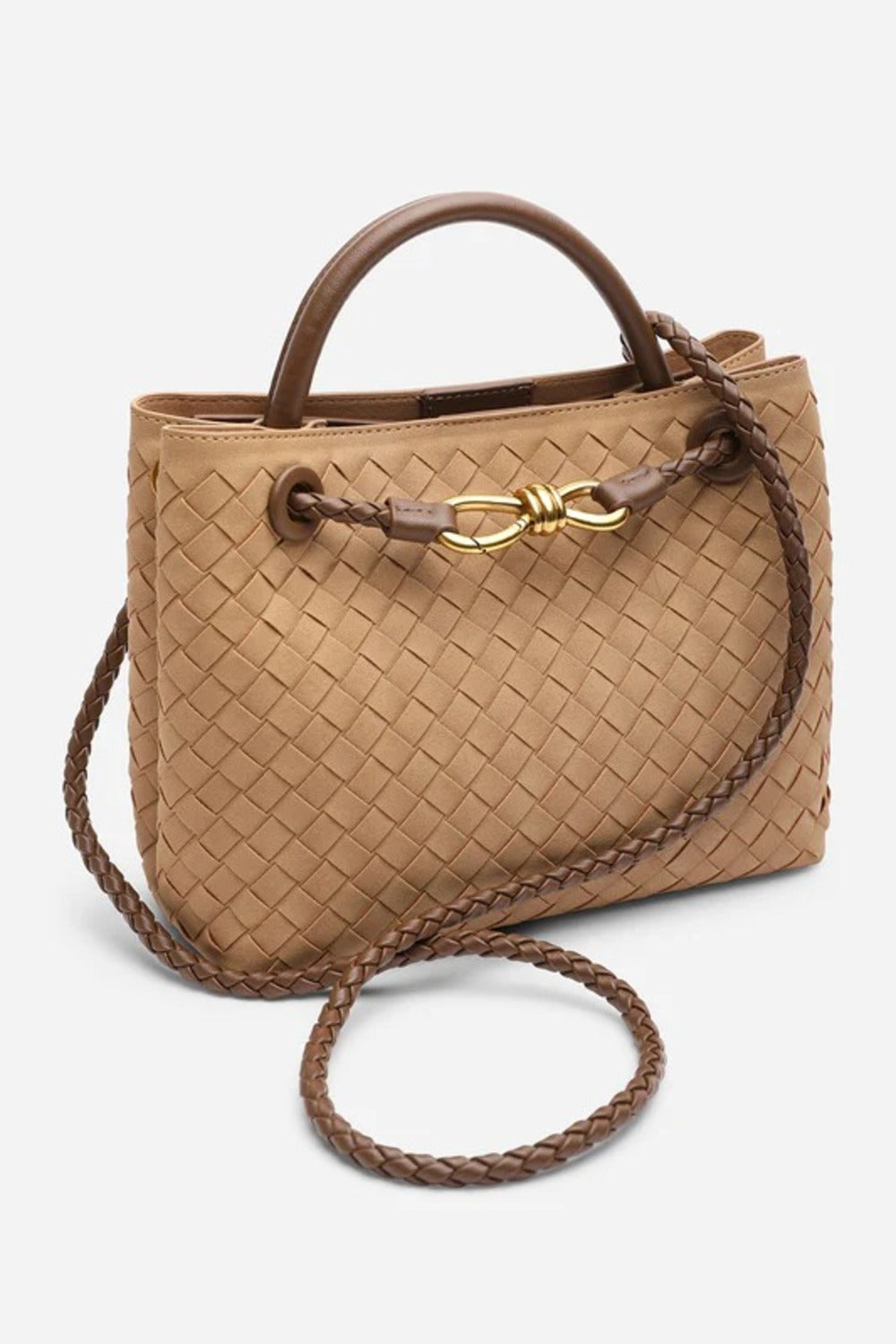 Bolso premium de asa superior con acabado tejido y detalle de nudo dorado en ante color coñac – Maizob