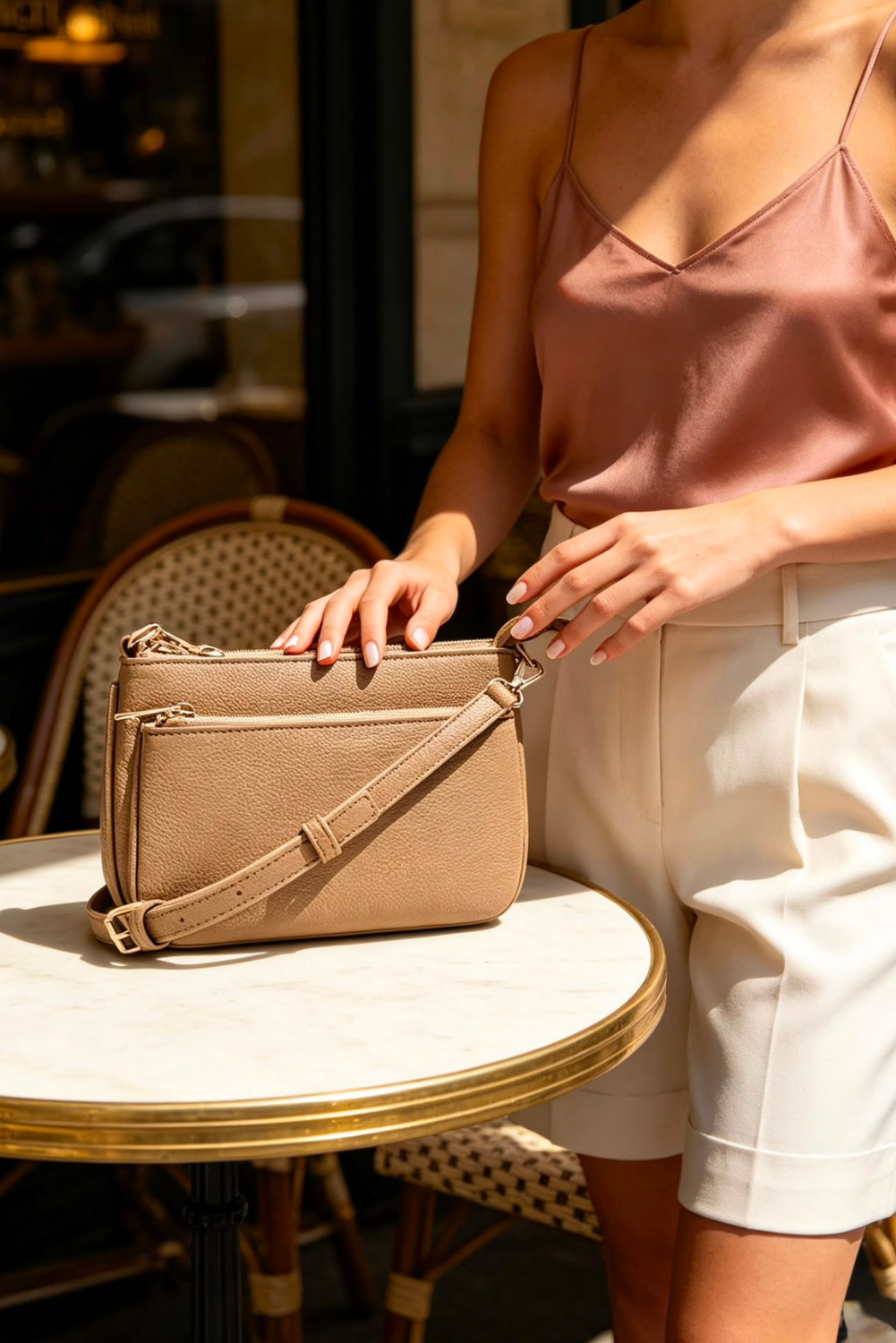 Bolso bandolera de doble cremallera en color camel – Maizob