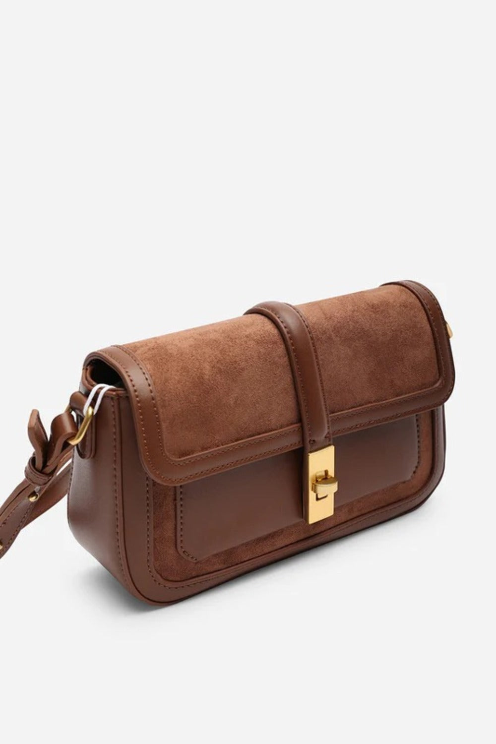 Bolso de hombro premium de ante marrón oscuro y piel con solapa y cierre dorado – Maizob