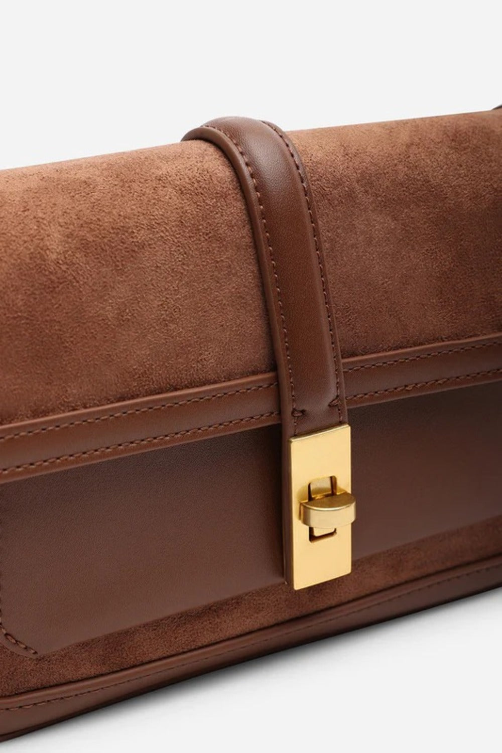 Bolso de hombro premium de ante marrón oscuro y piel con solapa y cierre dorado – Maizob