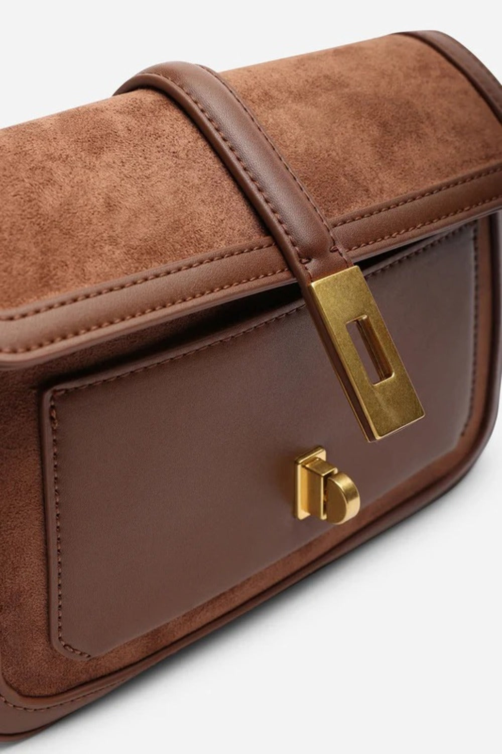 Bolso de hombro premium de ante marrón oscuro y piel con solapa y cierre dorado – Maizob