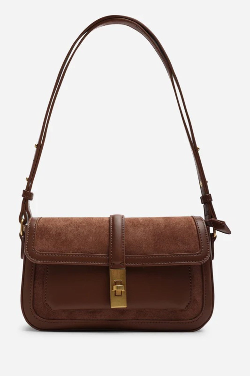 Bolso de hombro premium de ante marrón oscuro y piel con solapa y cierre dorado – Maizob