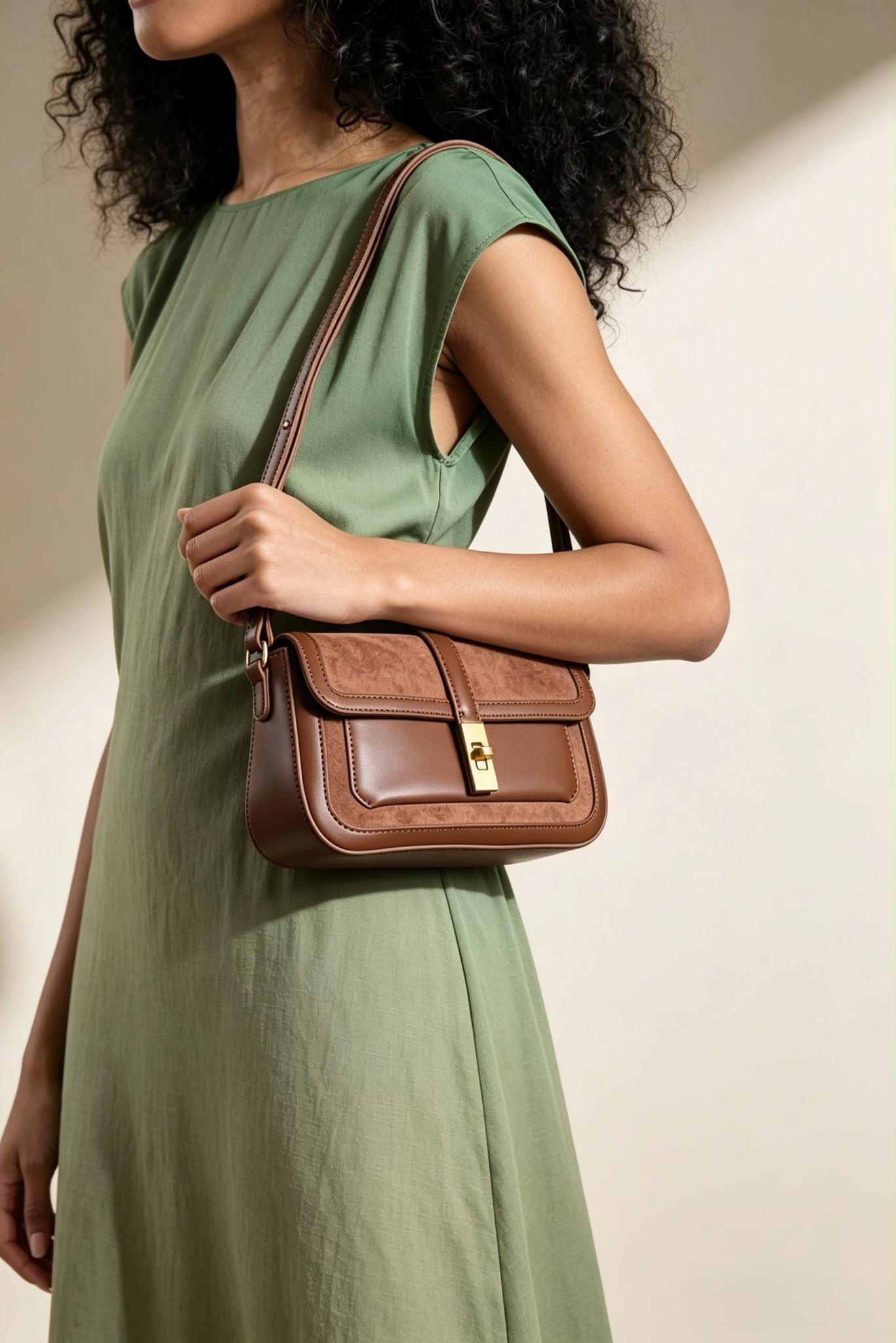 Bolso de hombro premium de ante marrón oscuro y piel con solapa y cierre dorado – Maizob