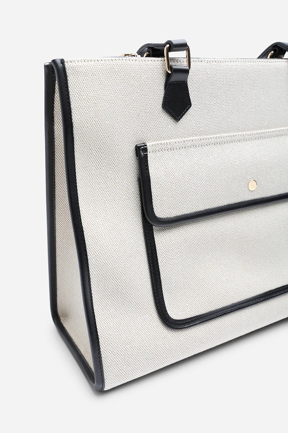 Bolso tote moderno de lona con ribetes de piel sintética en color negro – Maizob