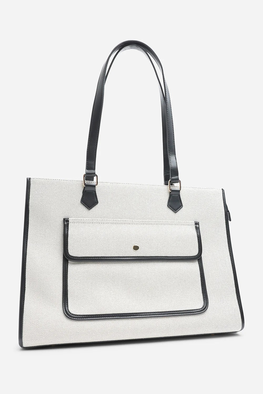 Bolso tote moderno de lona con ribetes de piel sintética en color negro – Maizob