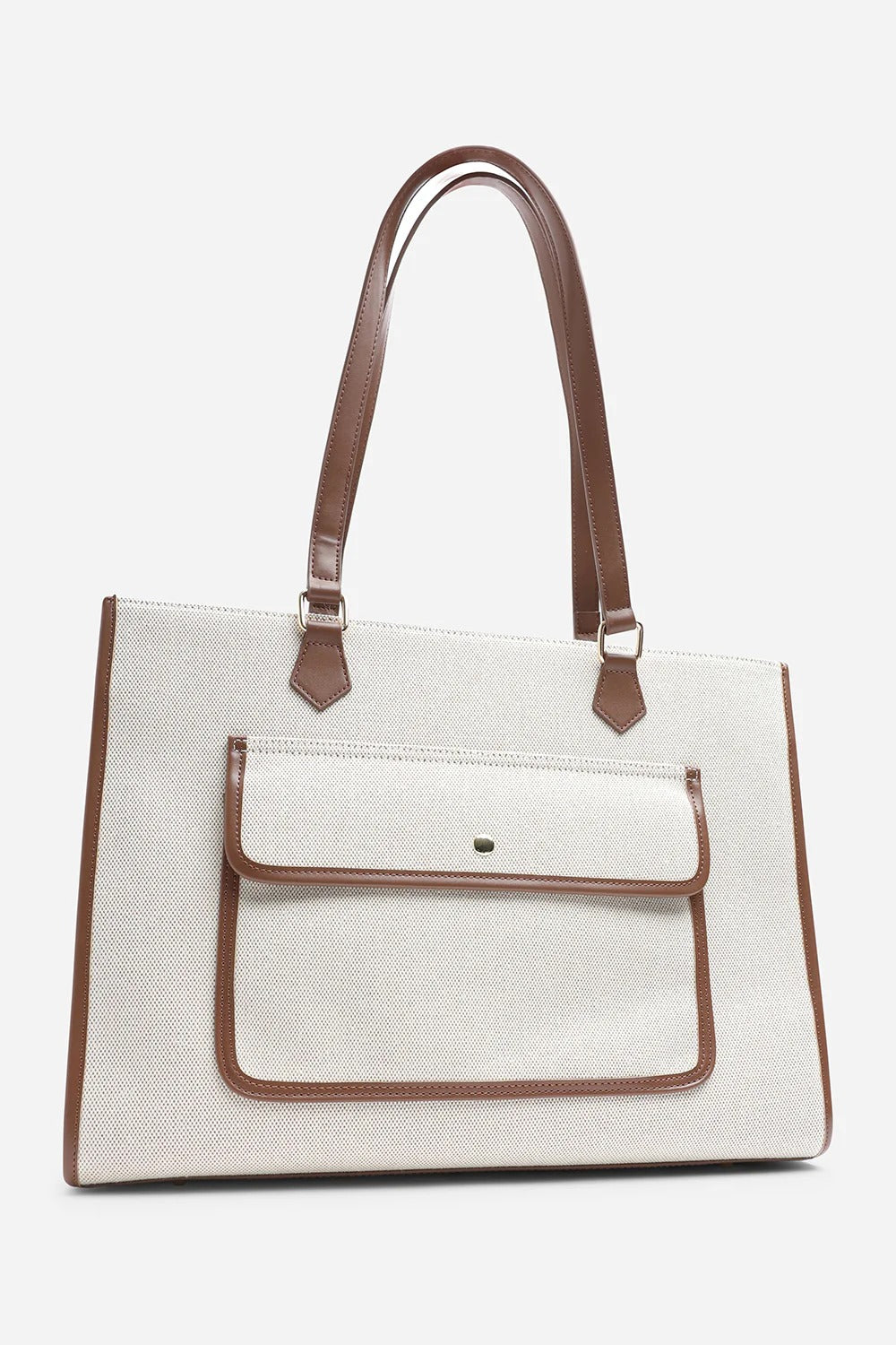 Bolso tote moderno de lona con ribetes de piel sintética en color marrón – Maizob