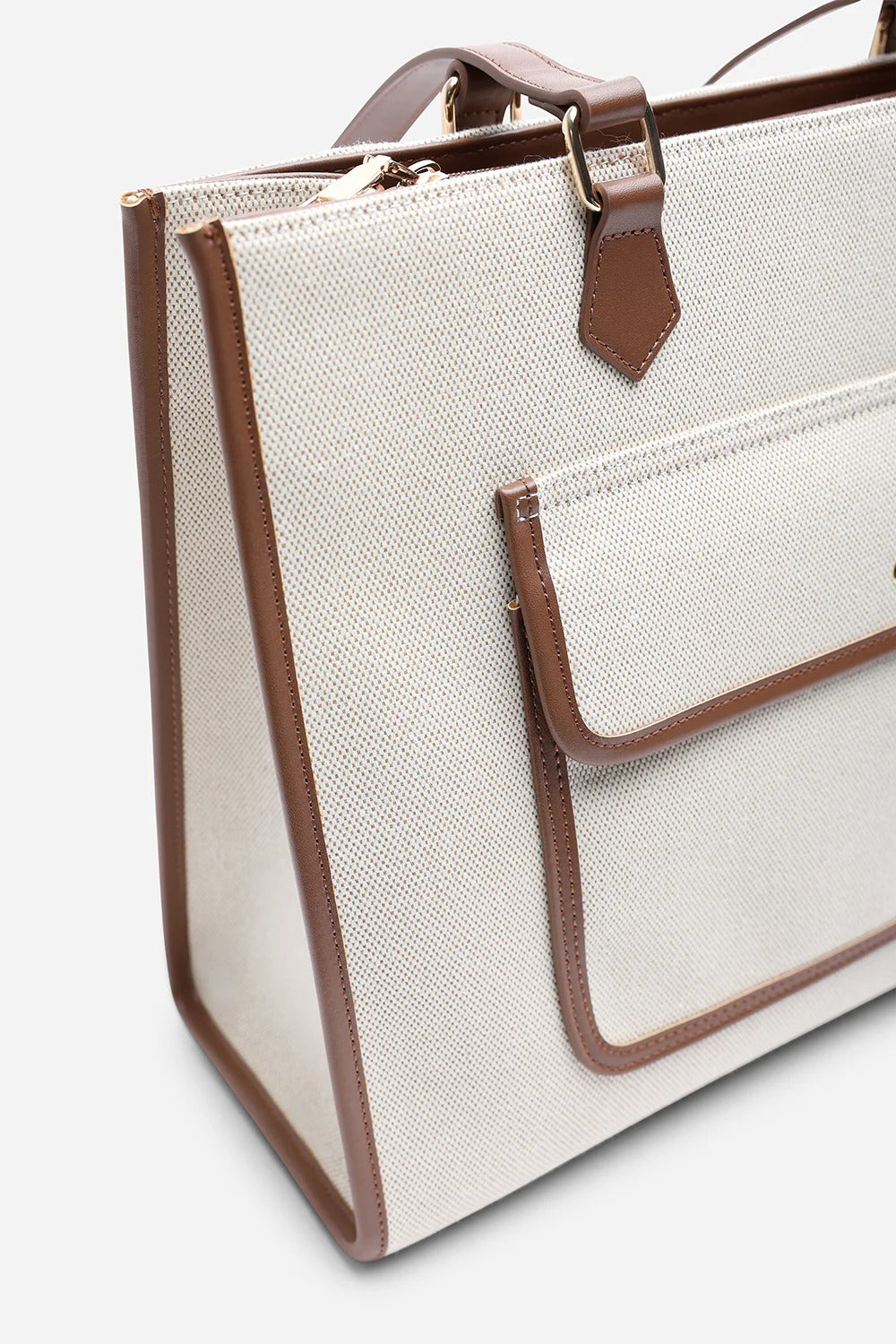 Bolso tote moderno de lona con ribetes de piel sintética en color marrón – Maizob